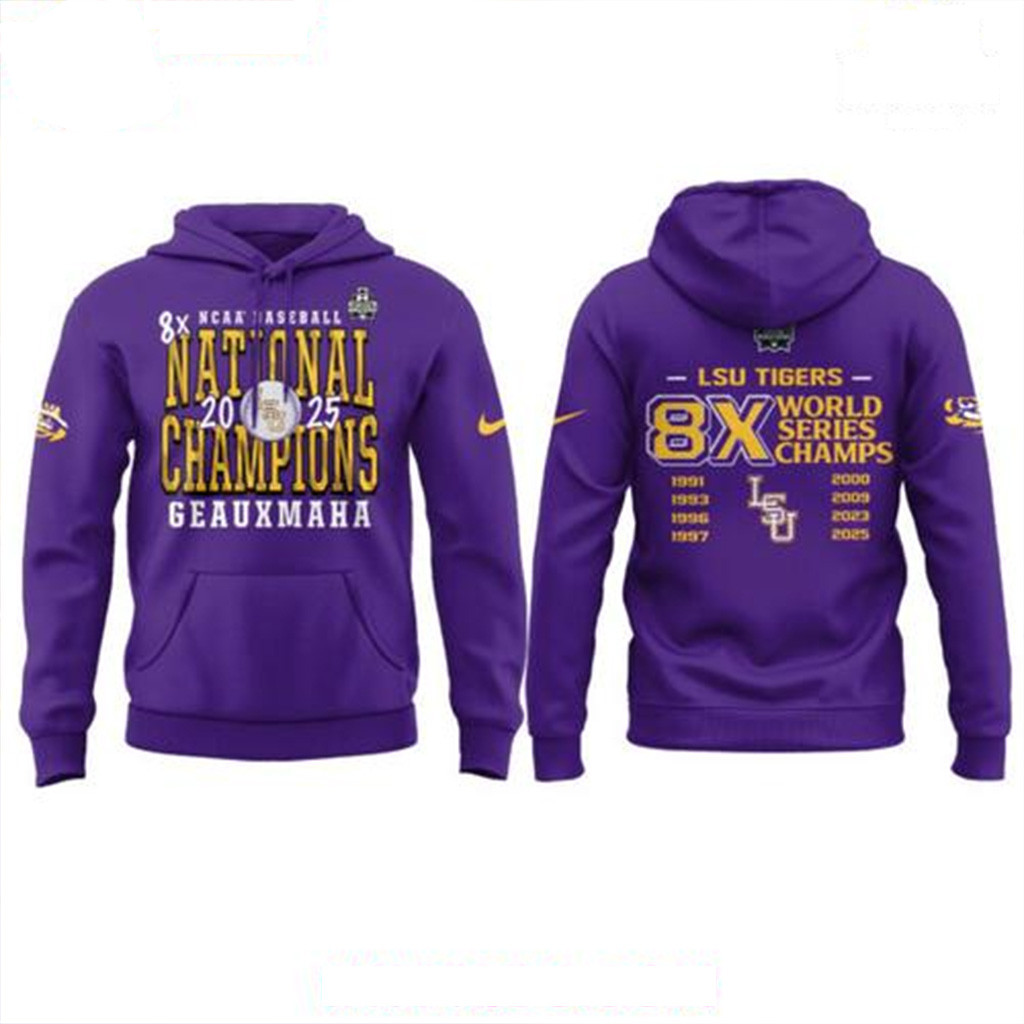 LSU Tigers 2025 NCAA Baseball 8-Time National Champions Purple Hoodie LSU Tigers Merch Men's