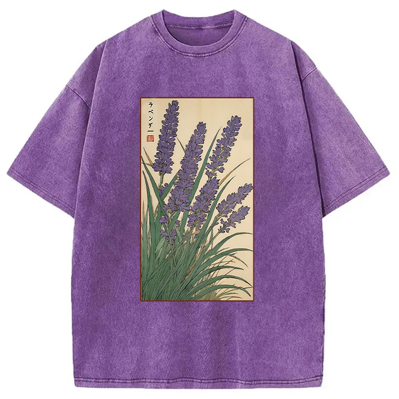 Lavender Ukiyo-e Japanese Washed T-Shirt Funny Graphic For Friends Gifts For BFF