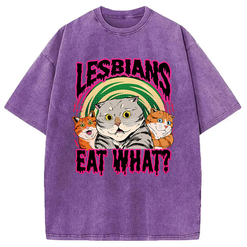 Lesbians Eat What Cat Meme Washed T-Shirt Classic Graphic Fashion Tee Gifts For Best Friend