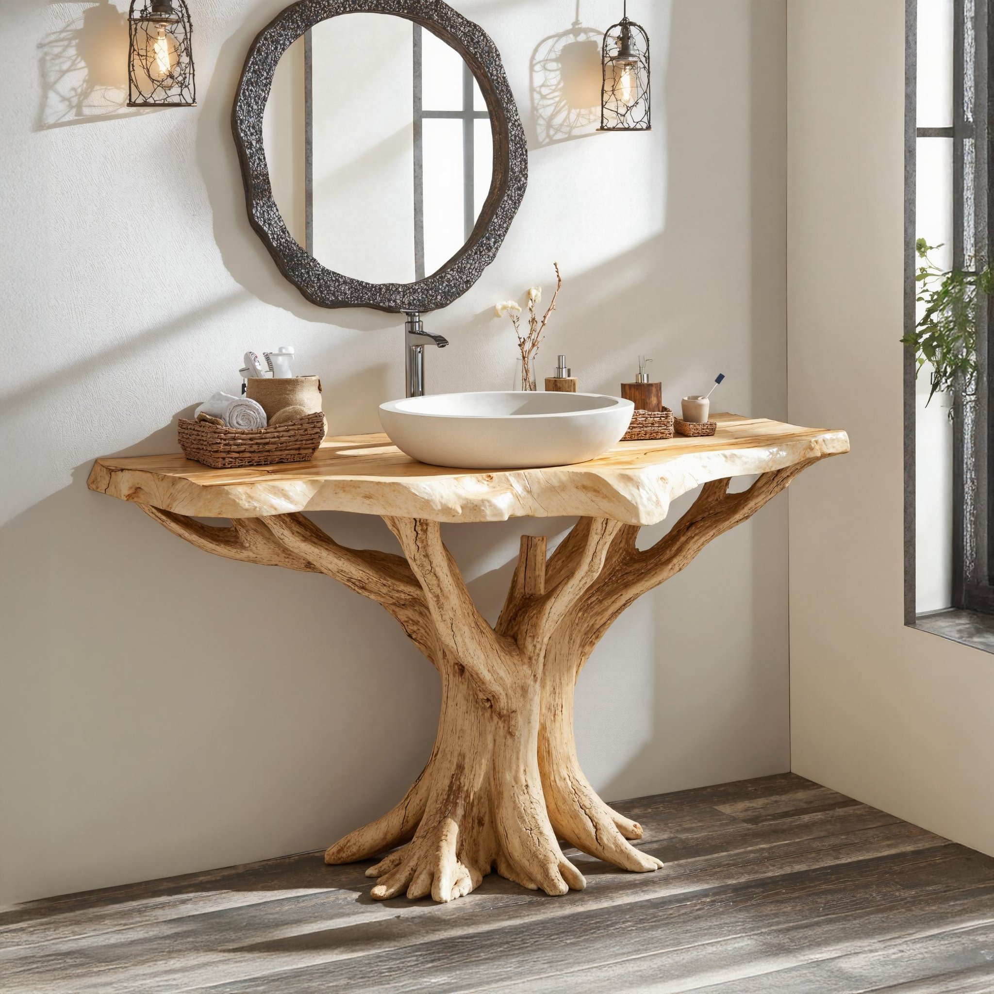 Live Edge Wood Vanity With Natural Tree Base For Eco Bathrooms SILDTBRV139