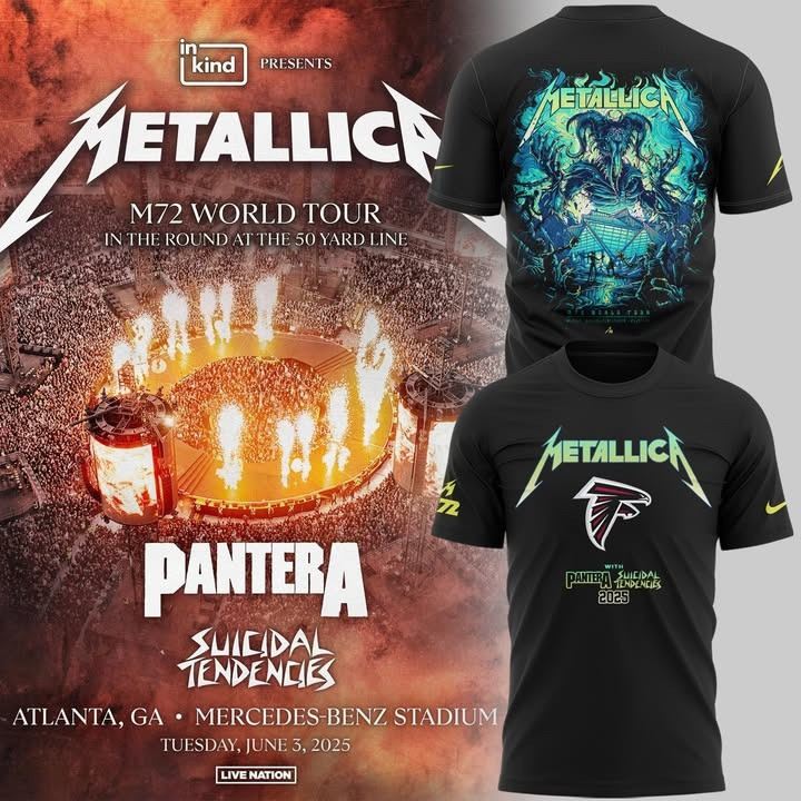 Metallica M72 Tour Merch T-Shirt With Pantera And Suicidal Tendencies Atlanta Falcons 2025