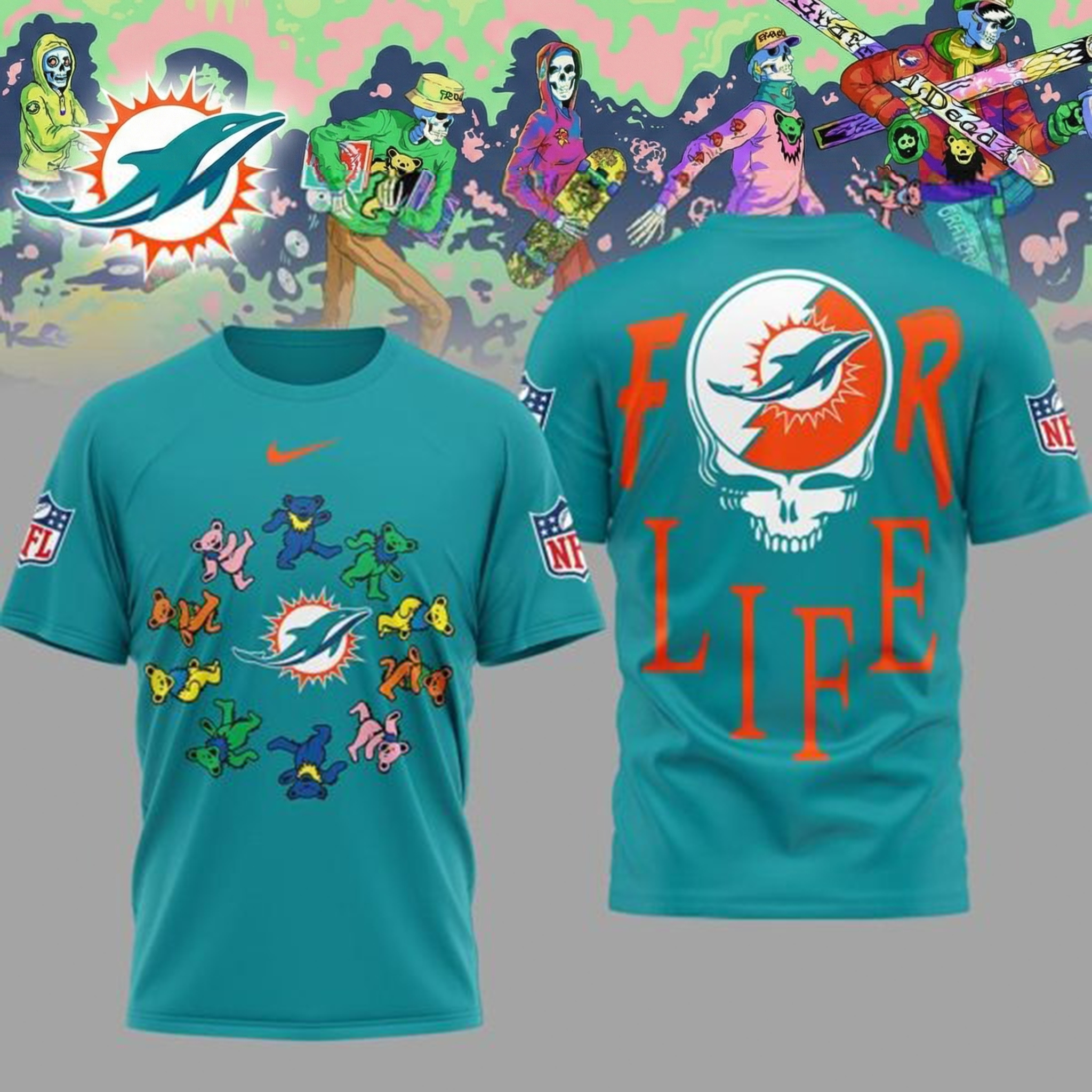 Miami Dolphins Grateful Dead Forever T-Shirt Dolphins Merch Best Gift For NFL Fans