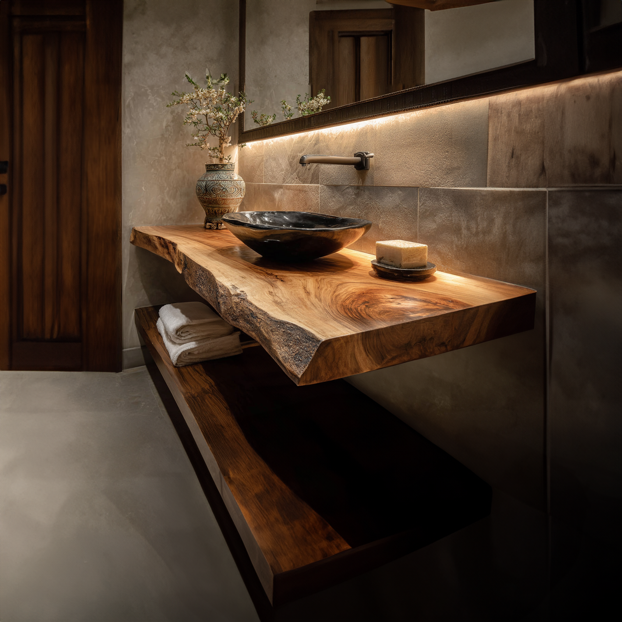 Mid Century Bathroom Vanity Shelf Curved Edge Wood Bathroom Look SINLKIBRV232