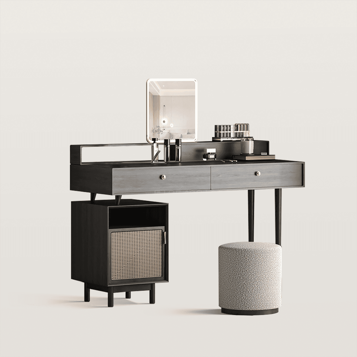 Mid-century LED Mirror Makeup Vanity Set with Rattan Side Cabinet