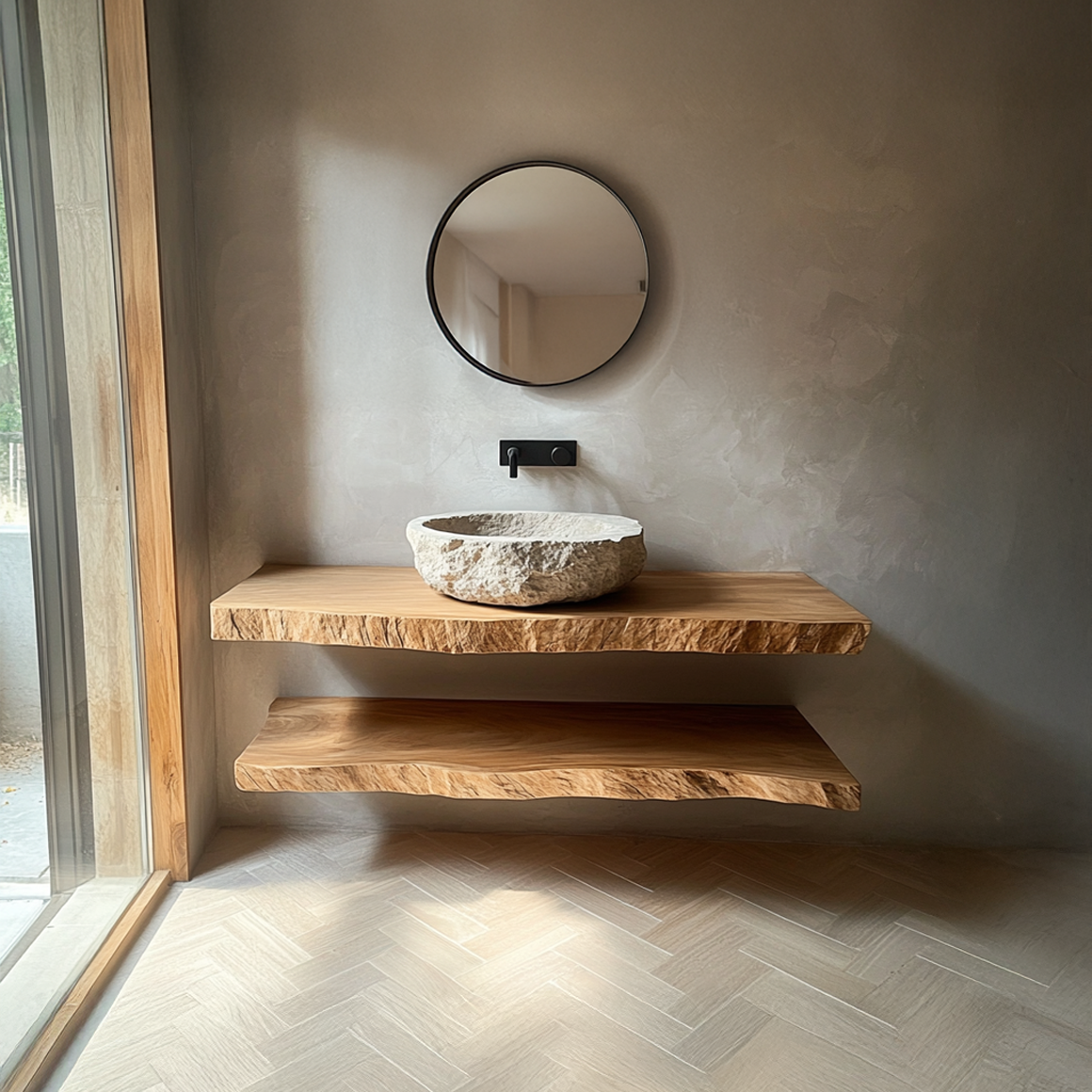 Midcentury Floating Shelf Double Vanity Powder Room SINLSABRV175