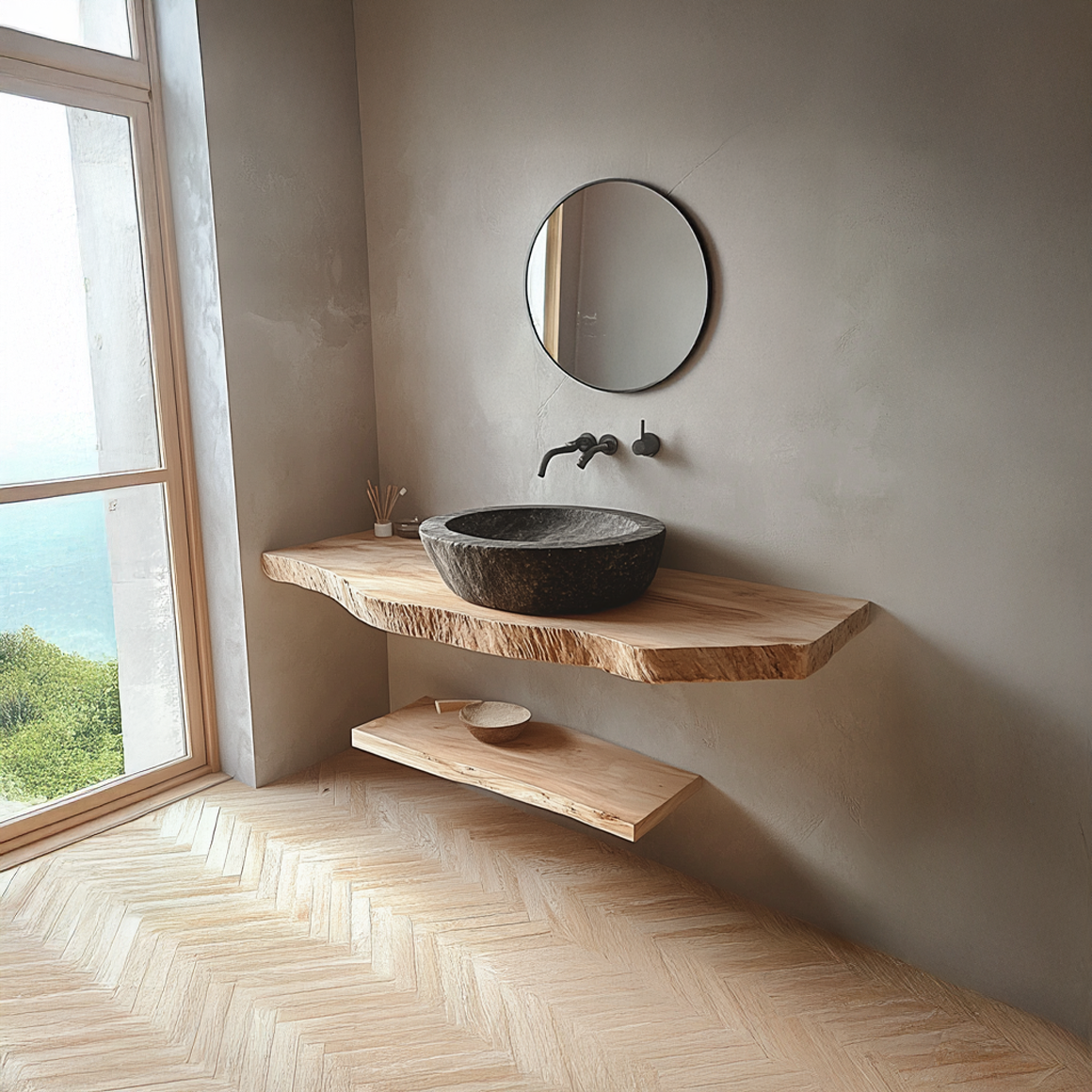 Midcentury Floating Shelf Double Vanity Washroom SINLSABRV174