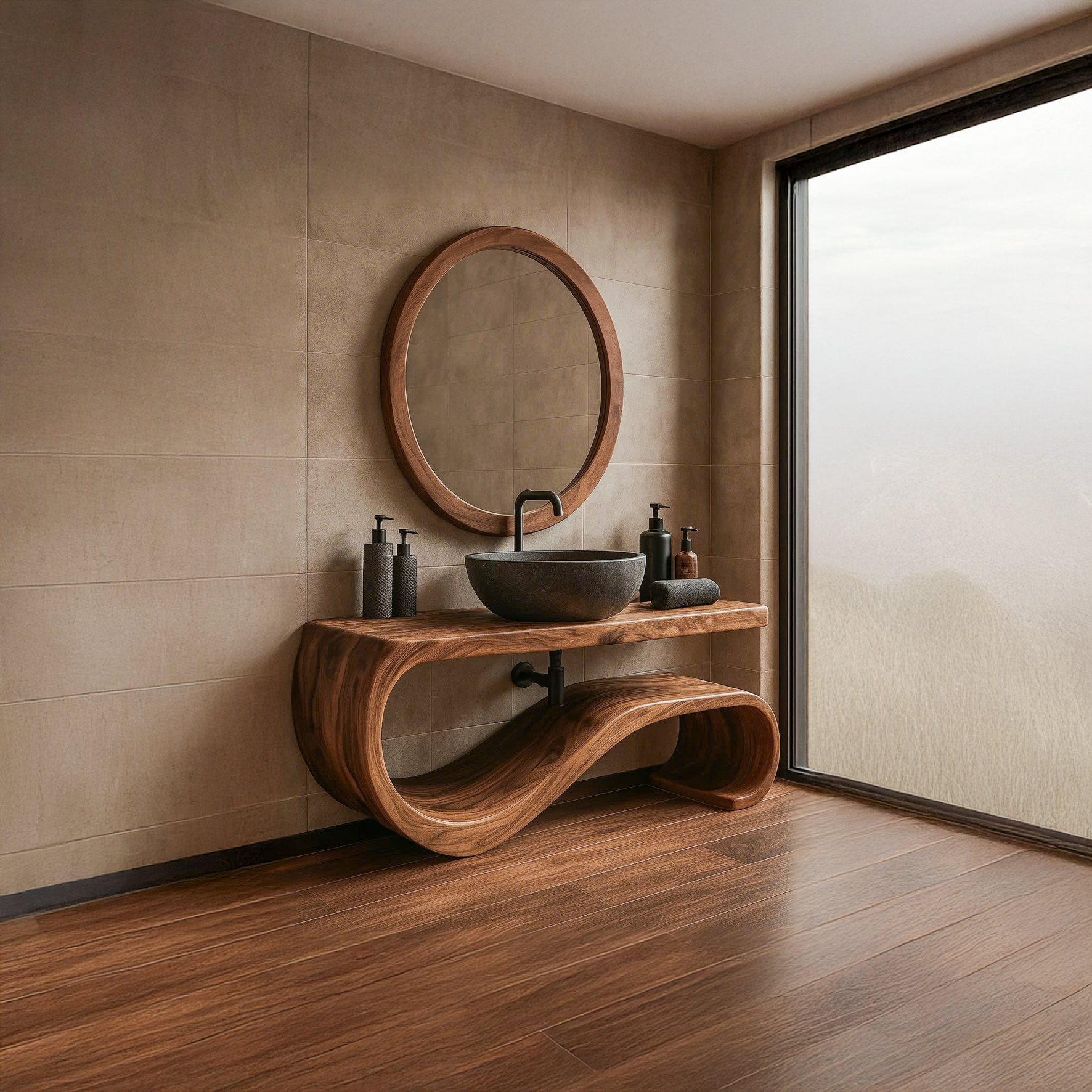 Midcentury Solid Wood Vanity Powder Room SINLSABRV078