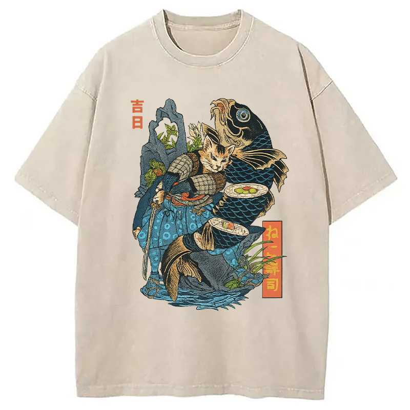 Neko Sushi Washed T-Shirt Classic Graphic Fashion Tee Gifts For Brother