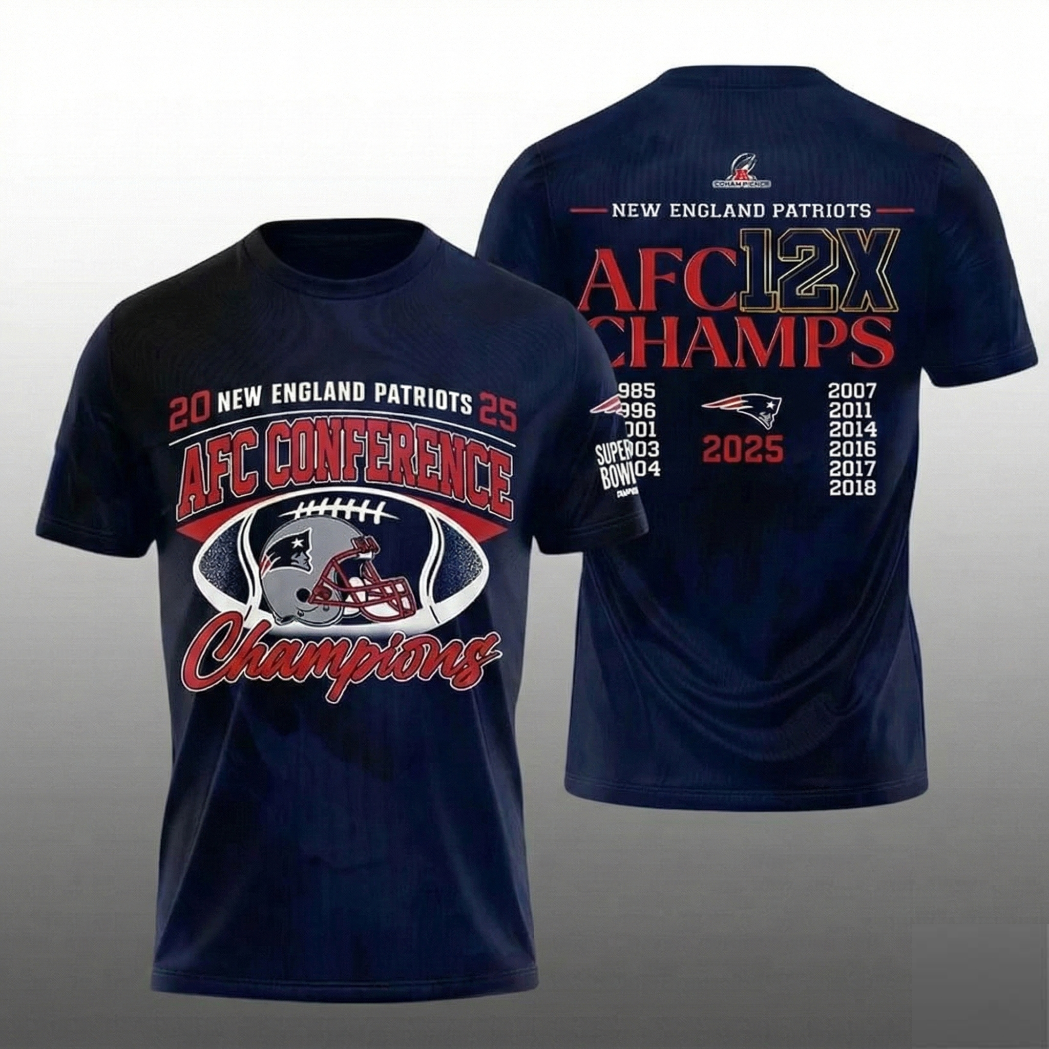 New England Patriots 2025 AFC Conference Champions 12X Navy T-Shirt Football NFL Merch Best Gift For Football Fans