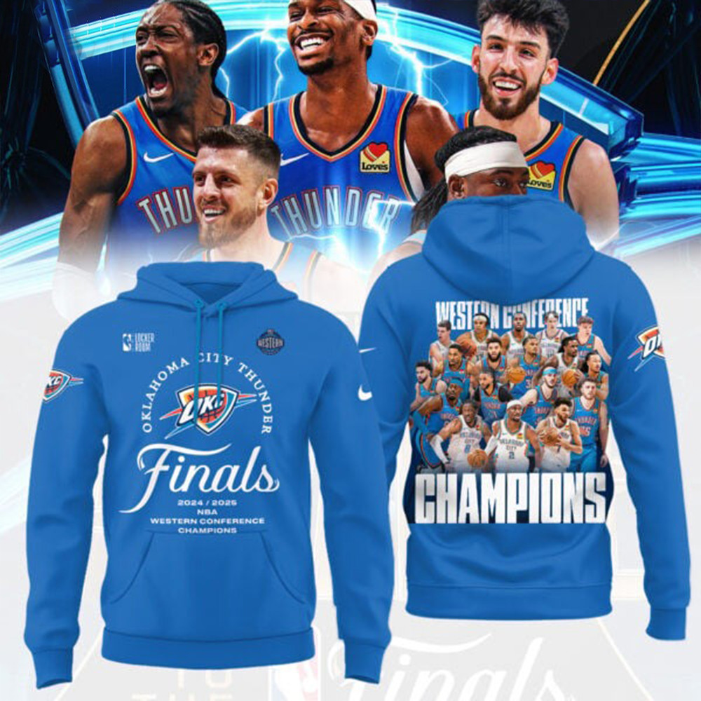 OKC Oklahoma City Thunder 2025 Western Conference Champions Hoodie Playoff NBA Merch