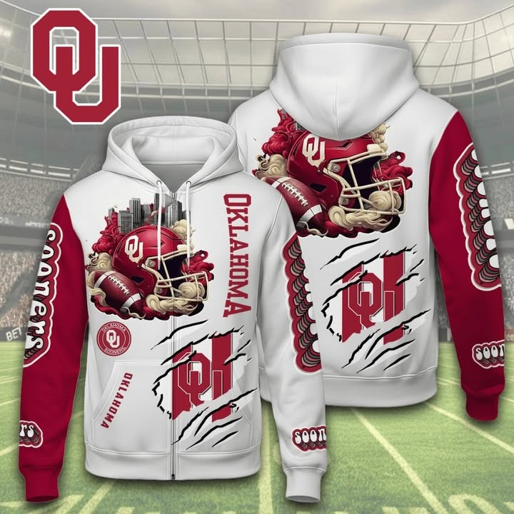 Oklahoma Sooners Football Power Helmet Zip Hoodie College Team Merch Best Gift For Football Fans