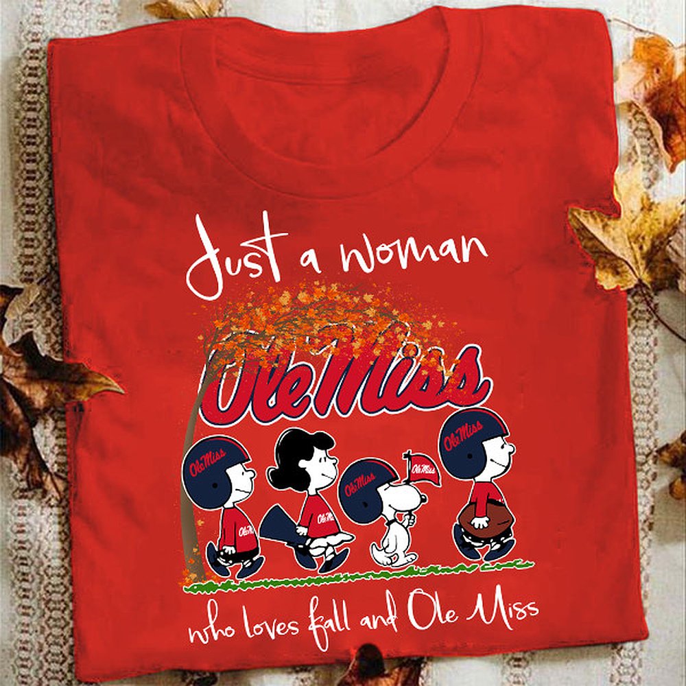 Ole Miss Rebels Just A Woman Who Loves Fall T-Shirt Rebels Merch Best Gift For Football Fans