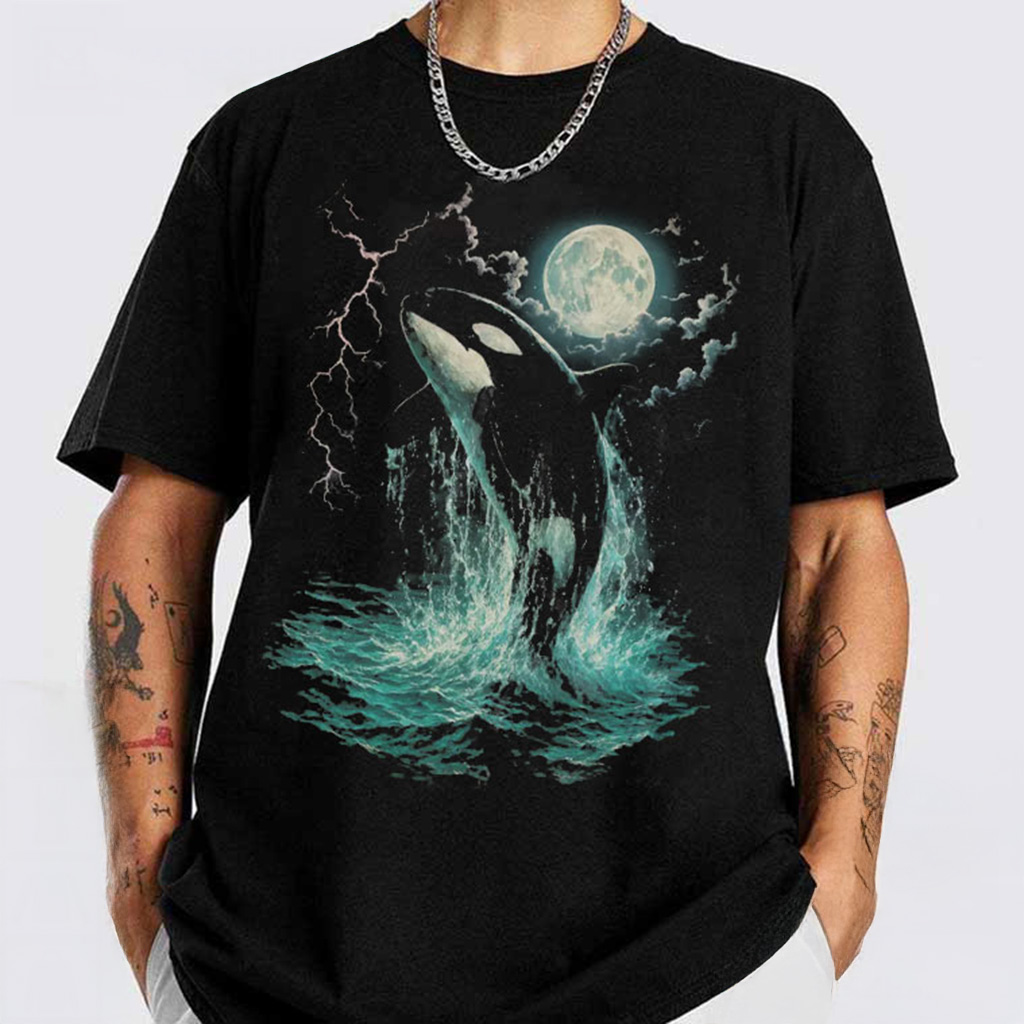 Orca Midnight Moonlight Ocean Vintage Graphic T-Shirt Christmas For Him