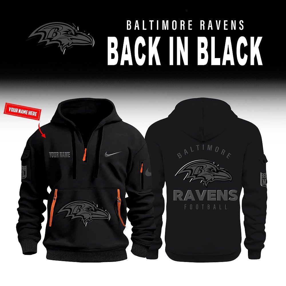 Personalized Baltimore Ravens Back In Black Quarter Zip Hoodie NFL Football Custom Apparel Best Gift For Fans