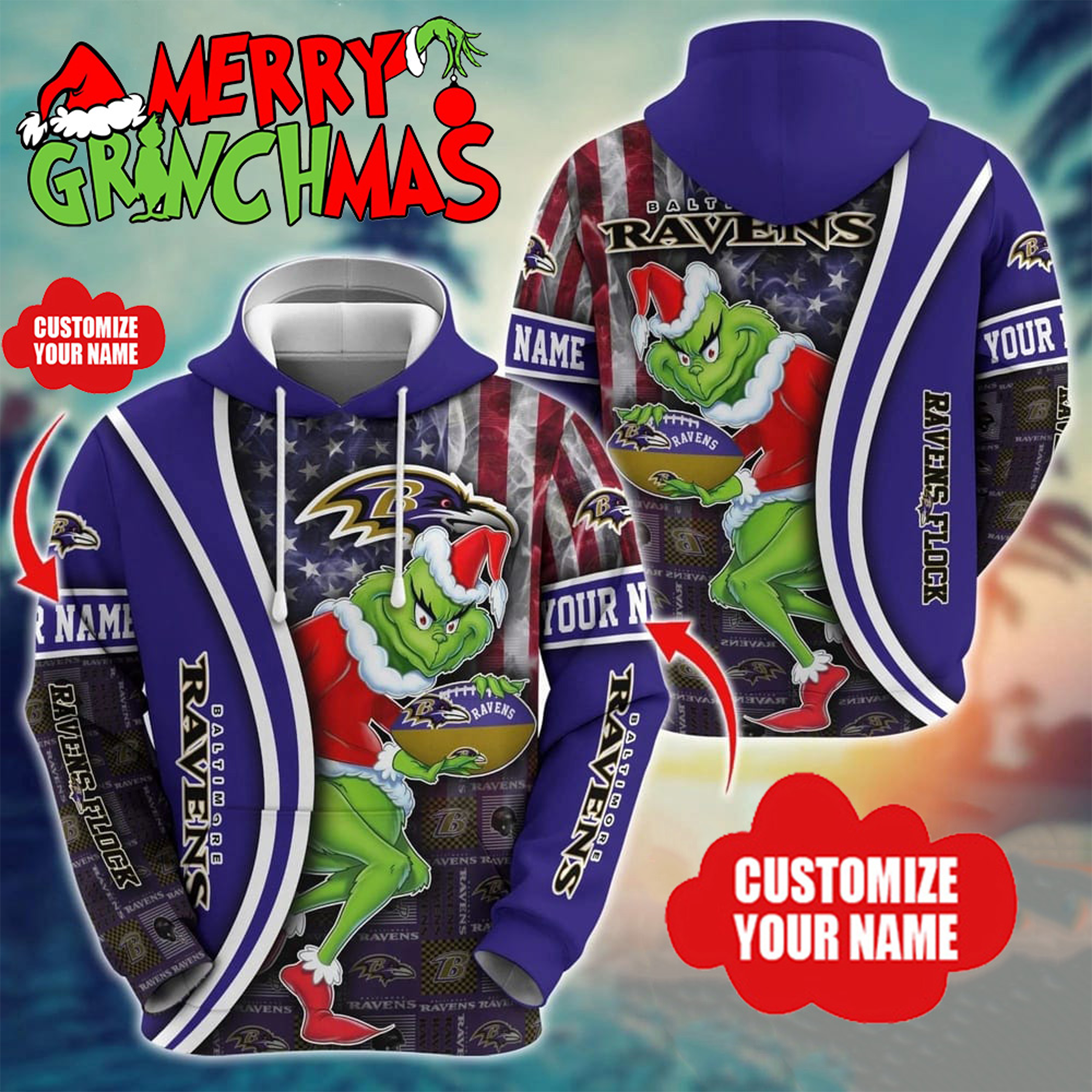 Personalized Baltimore Ravens x Merry Grinchmas Hoodie Ravens Merch Best Gift For Football Fans Personalized Baltimore Ravens x Merry Grinchmas Hoodie Ravens Merch Best Gift For Football Fans