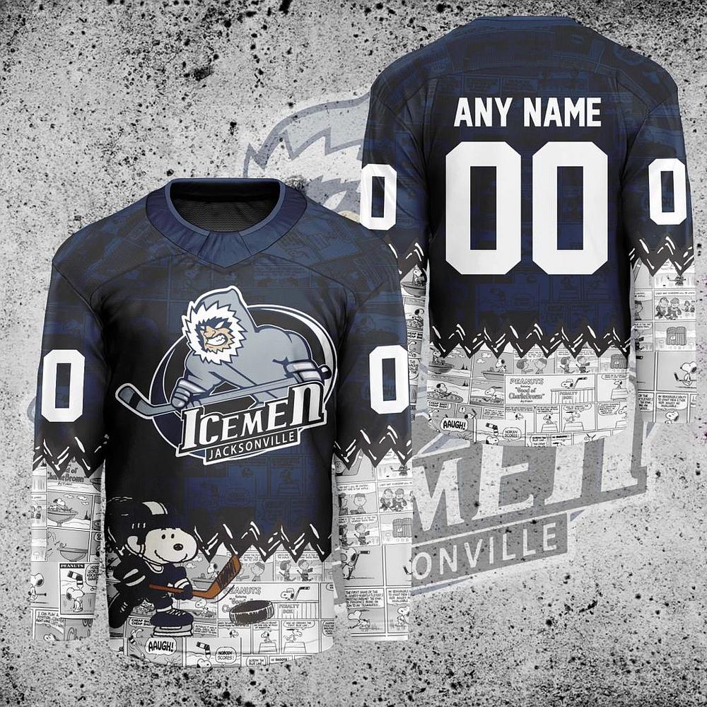 Personalized Jacksonville Icemen Peanuts 75th Anniversary Hockey Shirt Fan Gear