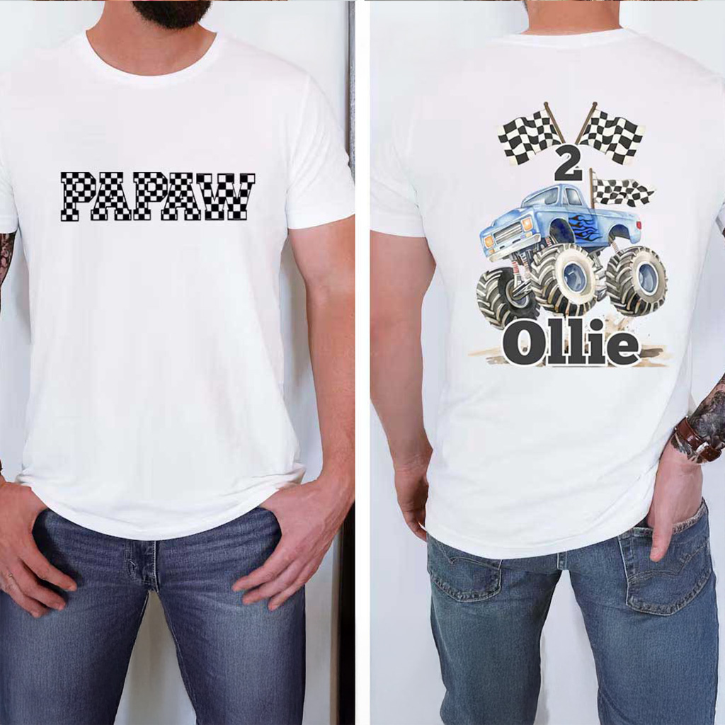 Personalized Monster Truck Checkerboard Text And Flag Shirt For Monster Truckers