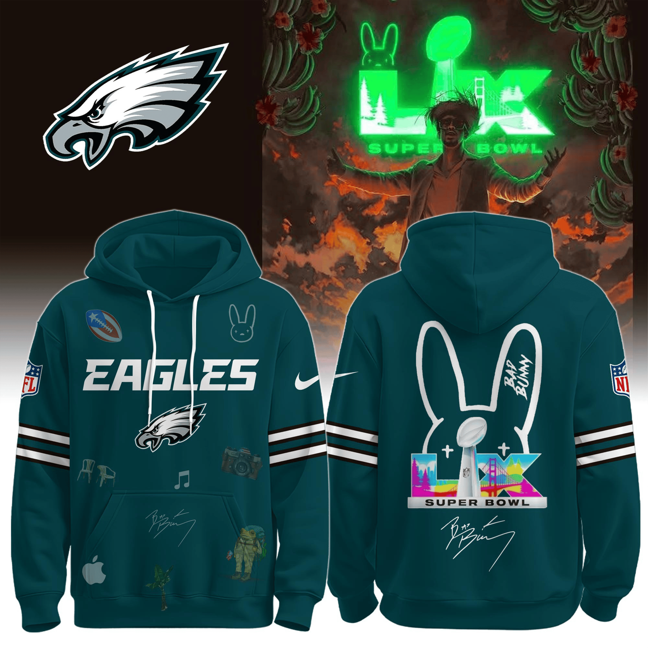 Philadelphia Eagles x Bad Bunny Super Bowl Hoodie Best Gift For Football Fans
