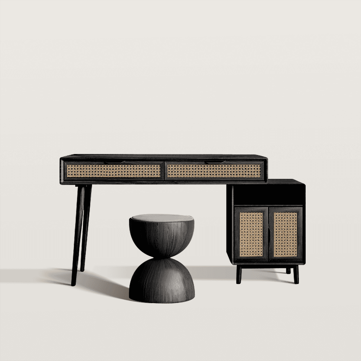 Rattan Makeup Vanity Set with Hourglass-Shaped Stool