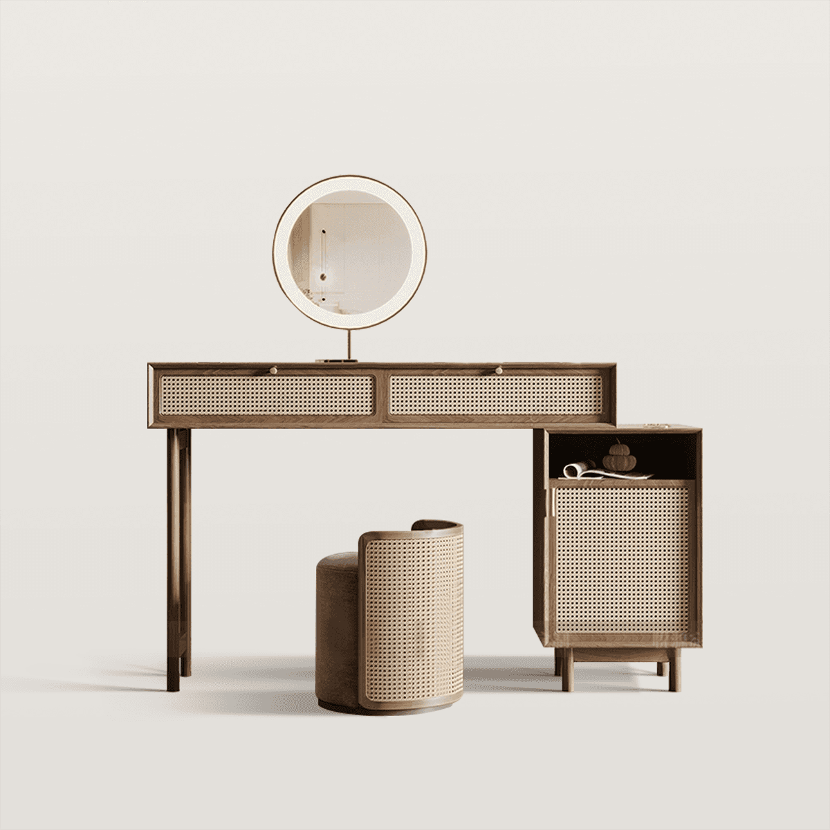 Rattan Makeup Vanity with Light Dressing Table Set