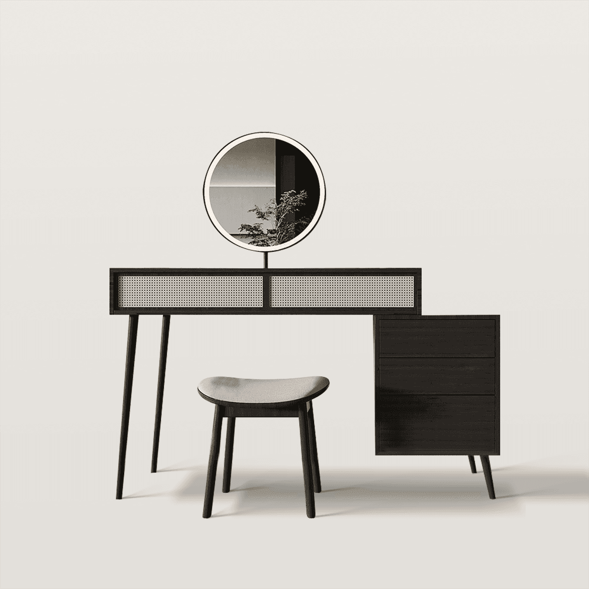 Rattan Makeup Vanity with Round Mirror and Storage Drawers