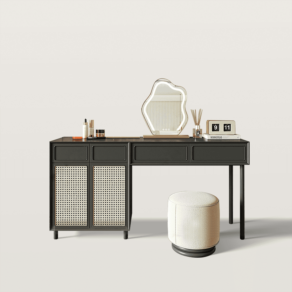 Rattan Vanity Desk with Wave Mirror and Storage Cabinet