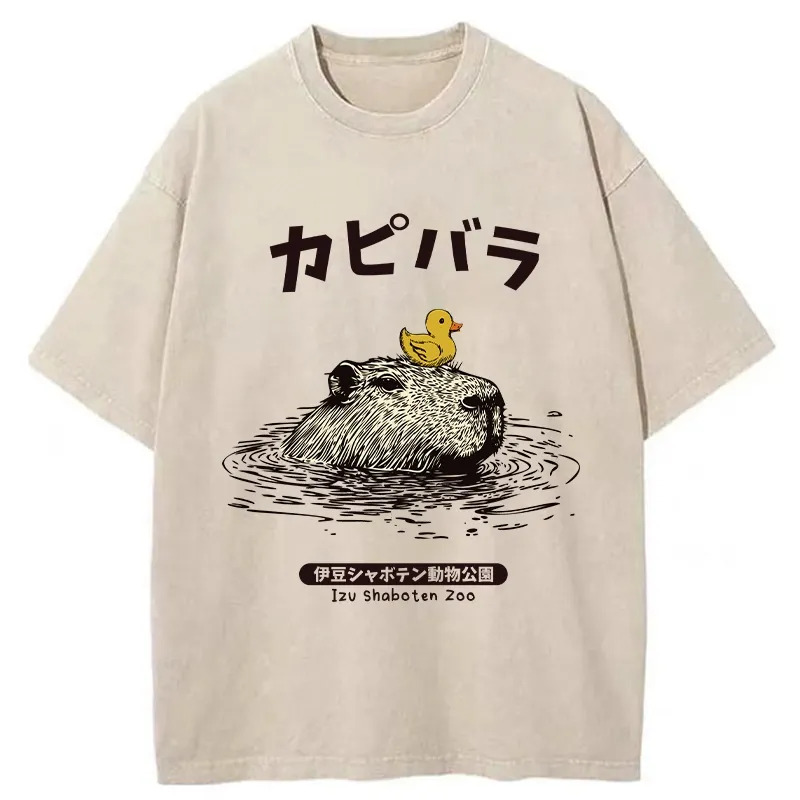 Relaxed Hot Spring Capybara Washed T-Shirt Cool Urban Street Style Shirt Gifts For Besties