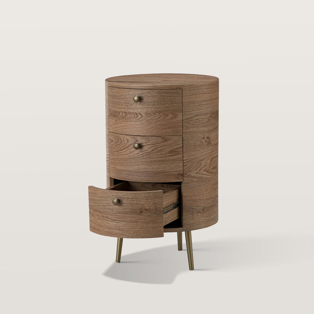 Round Boho End Table with 3 Drawers And Tripod Leg