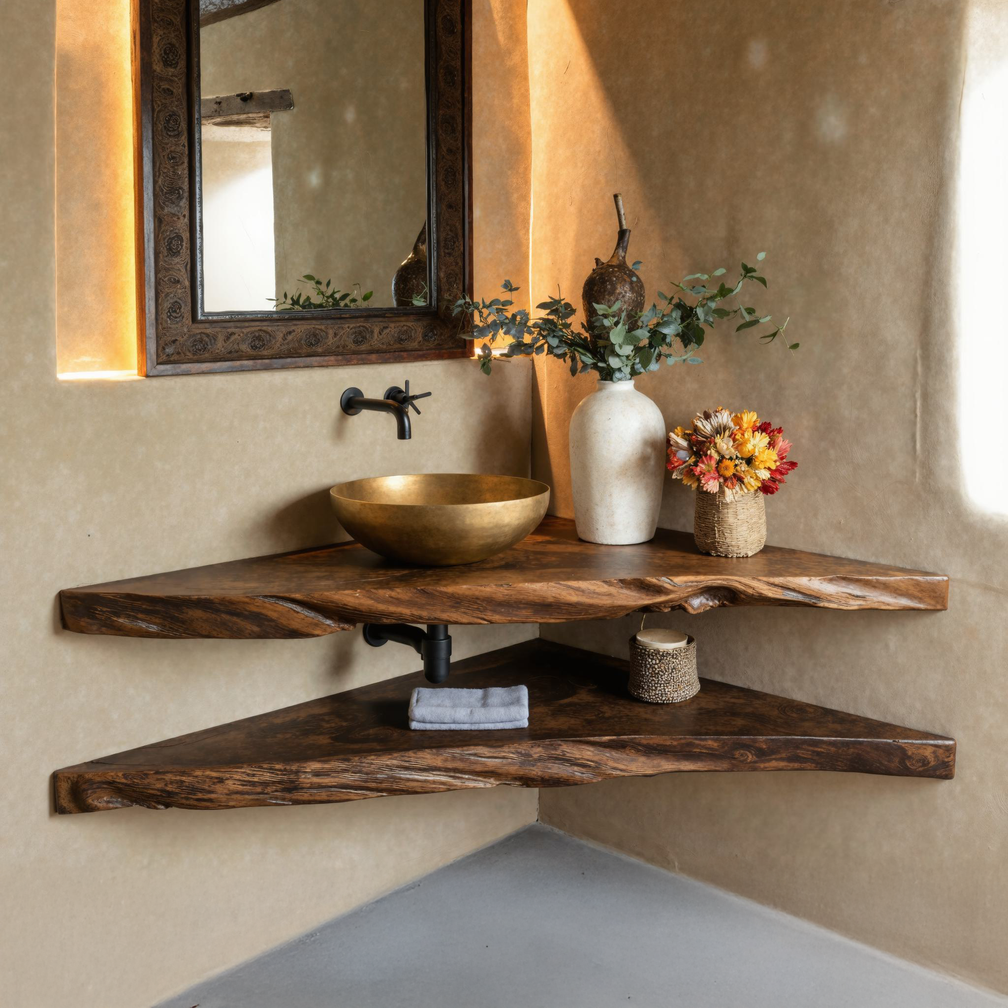 Rustic Wood Corner Bathroom Vanity Shelf SILDTBRV069