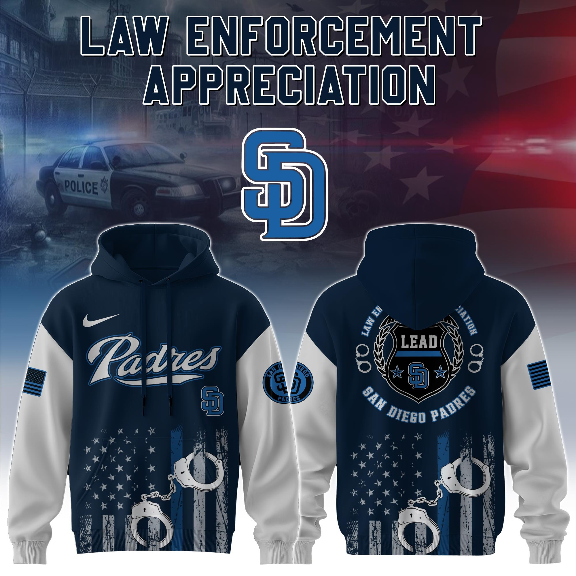 San Diego Padres MLB Law Enforcement Appreciation Day Hoodie Thin Blue Line Apparel Gifts