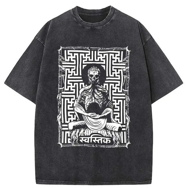 Sayagata Buddha Graphic Washed T-Shirt Retro Humor Graphic Top Gifts For Her