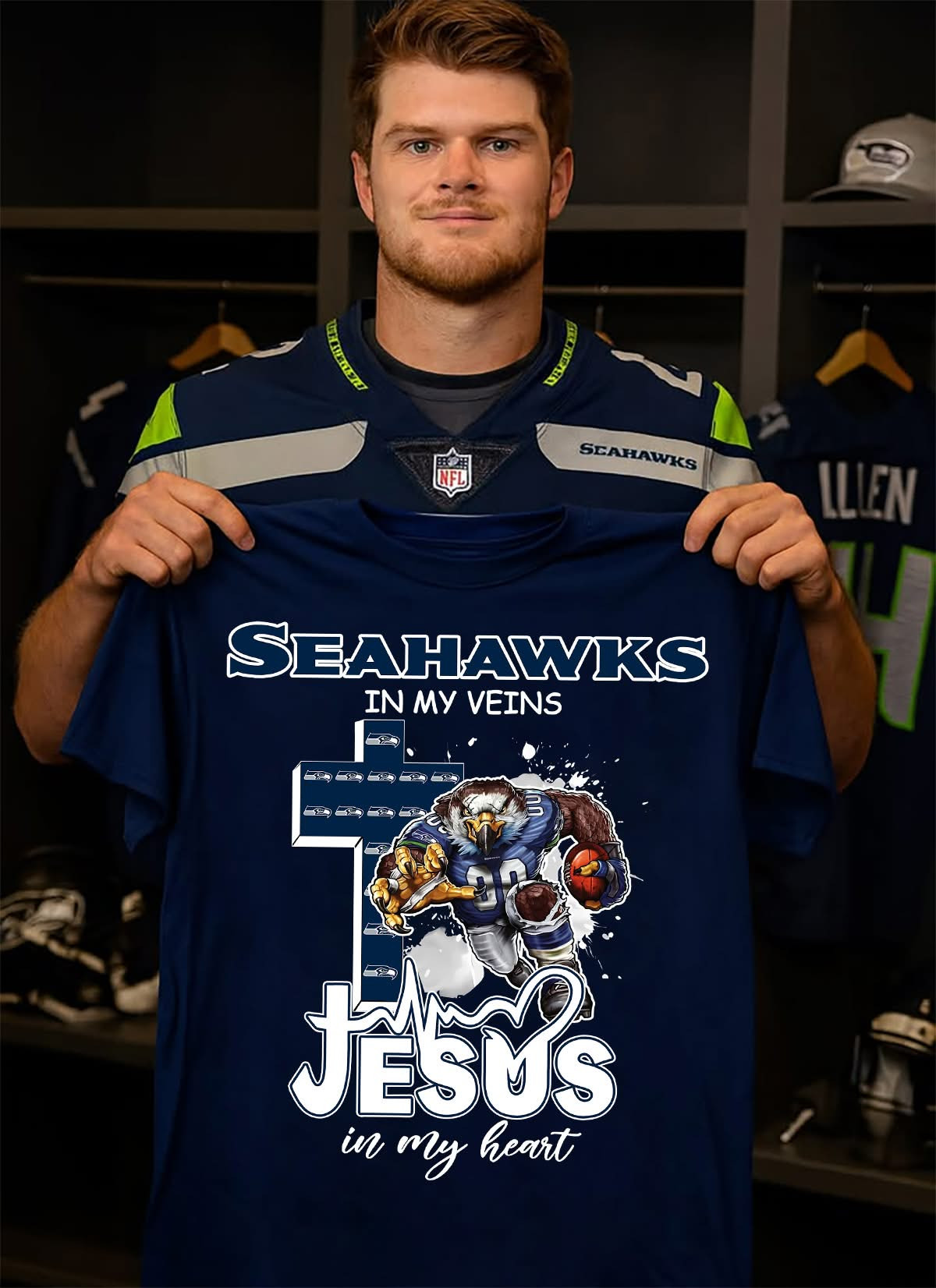 Seattle Seahawks In My Veins Jesus In My Heart T-Shirt Seahawks Merch Best Gift For Football Fans