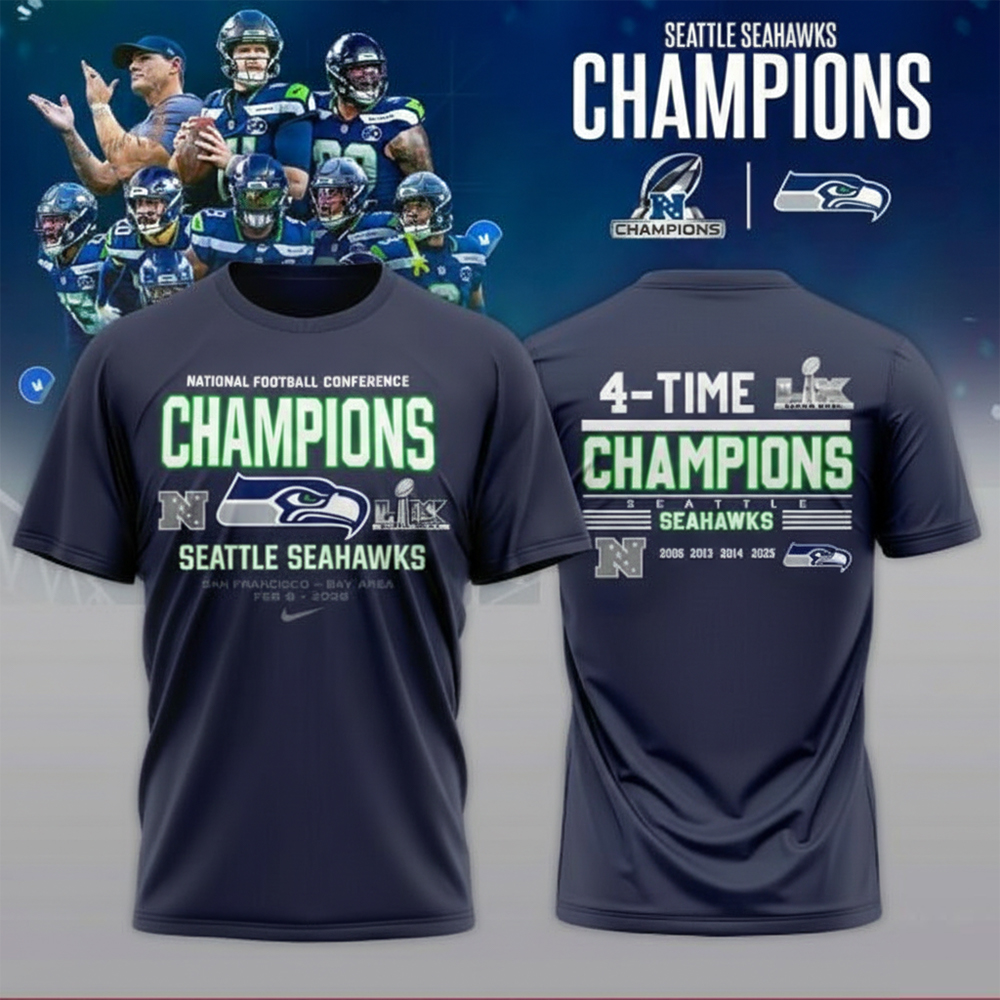 Seattle Seahawks Merch 4-Time NFC Champions T-Shirt Seattle Seahawks Apparel NFL Fans Gifts