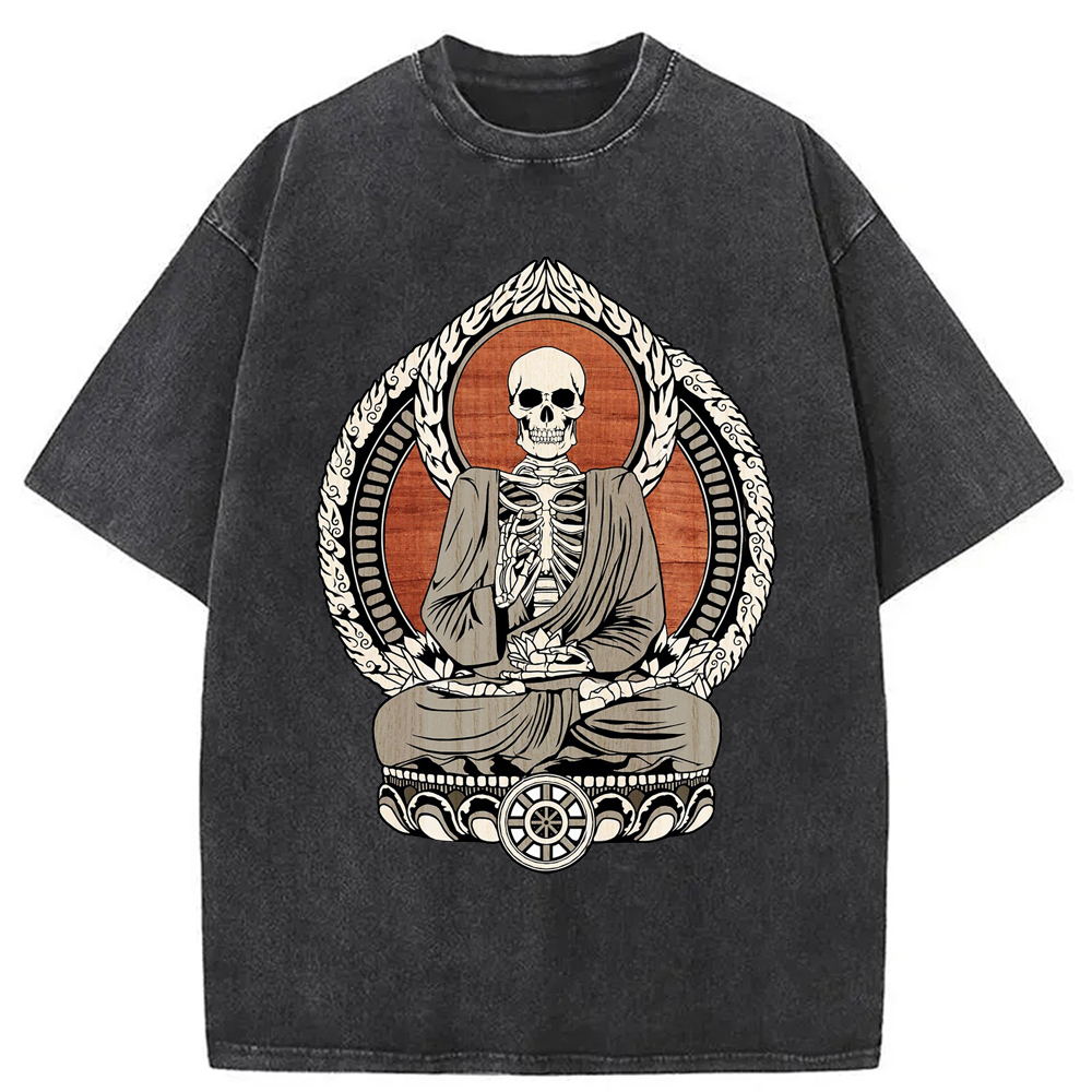 Skeleton Buddha Washed T-Shirt Casual Vintage Everyday Look Gifts For Best Friend