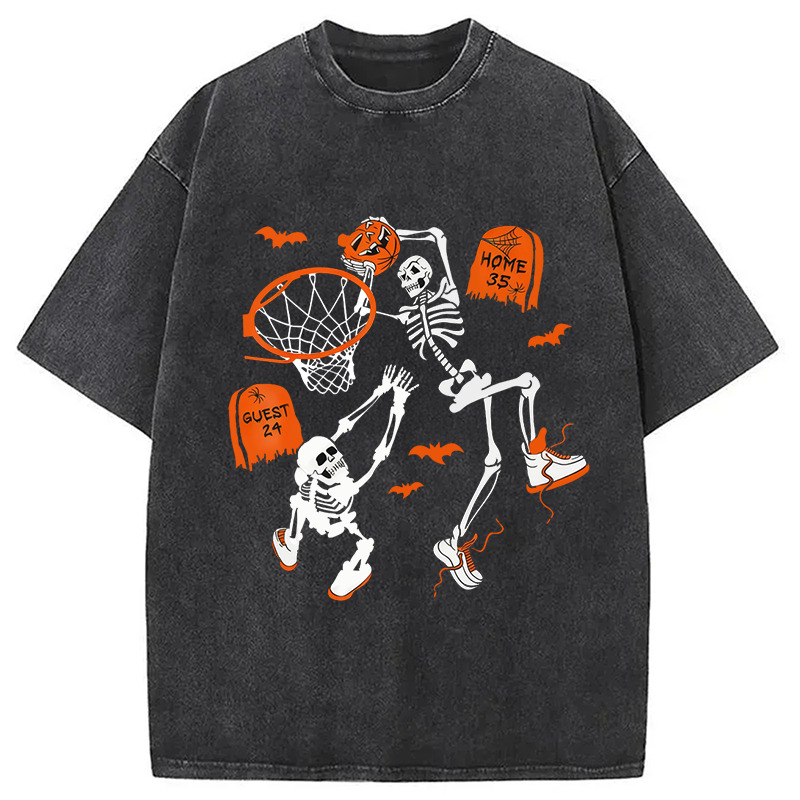 Skeleton Dunking Basketball Halloween Washed T-Shirt Trendy Everyday Casual Outfit Gifts For Her