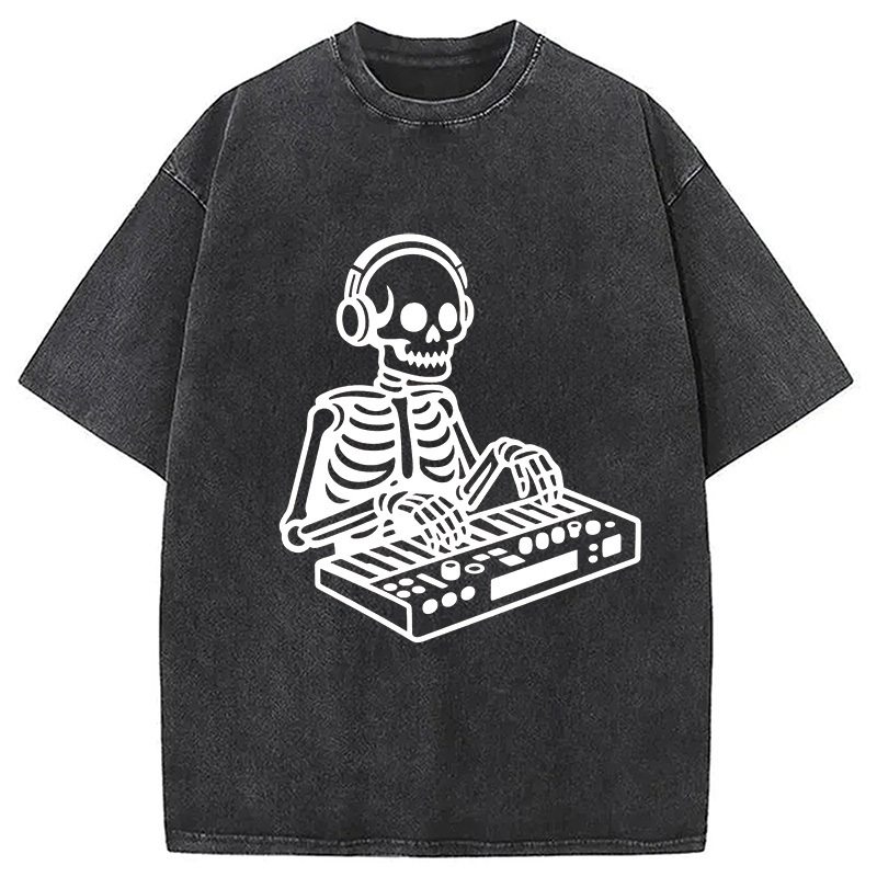 Skeleton Playing The Music Washed T-Shirt Casual Oversized Outfit Style Gifts For Friends