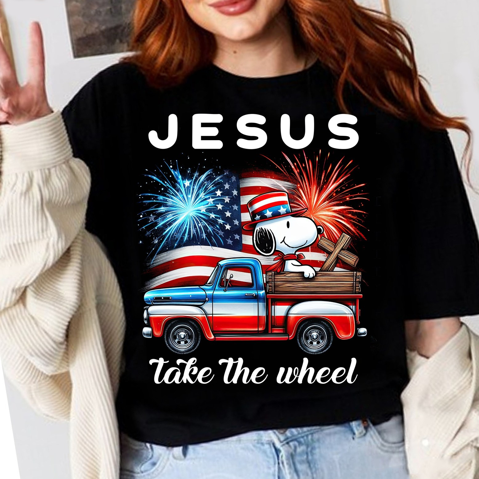 Snoopy Jesus Take The Wheels 4th Of July T-Shirt Patriotic Gift For Snoopy Lovers