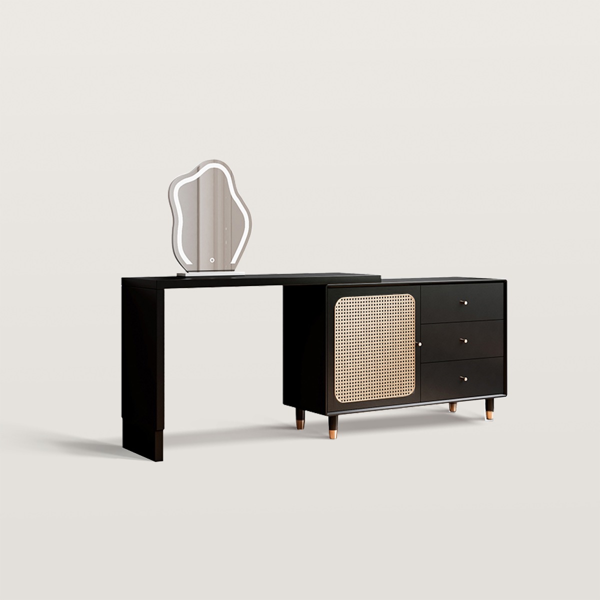 Stretchable Makeup Vanity with Integrated Rattan Cabinet