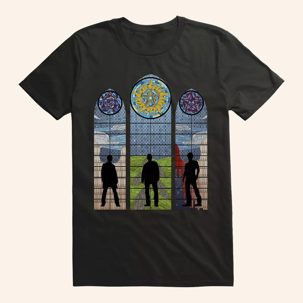 Supernatural Merch Stained Glass Sam Dean And Castiel T-Shirt For Fans