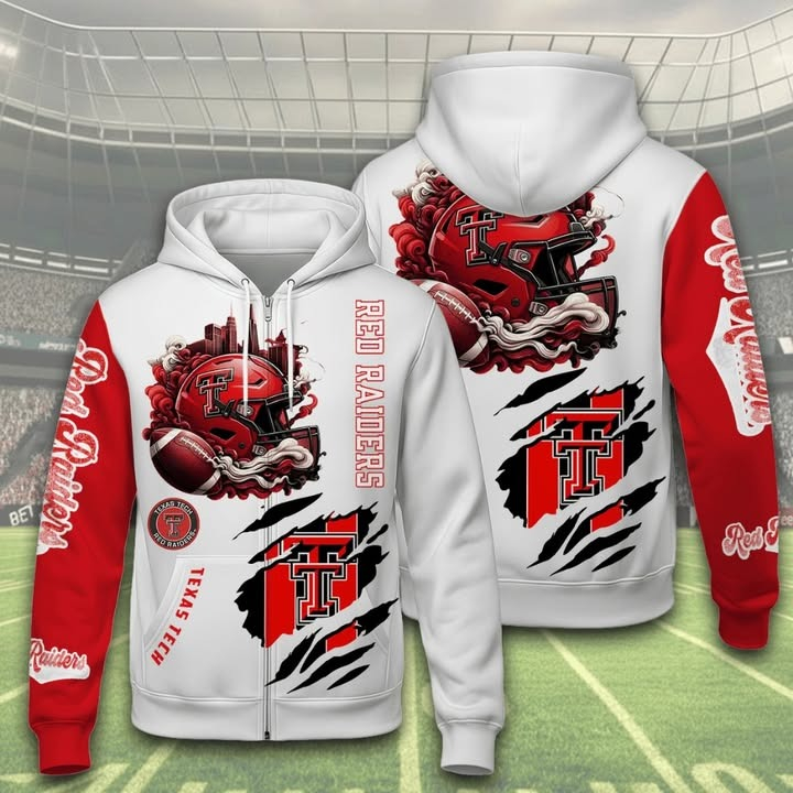 Texas Tech Red Raiders Football Power Helmet Zip Hoodie College Team Merch Best Gift For Football Fans