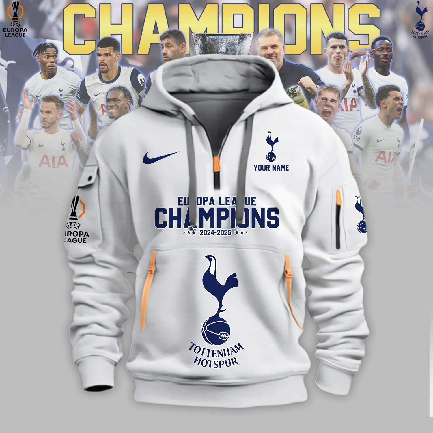 Tottenham Hotspur UEFA Europa League Champions 2025 Quarter Zip Hoodie Fan Merch Clothing