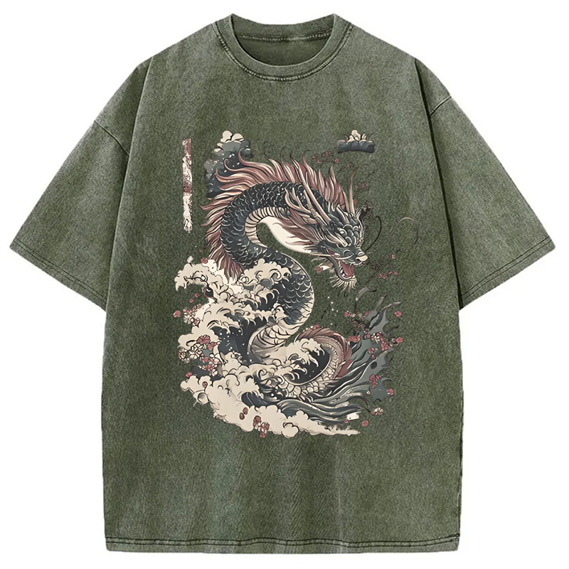 Vintage Japanese Dragon Folklore Washed T-Shirt Unisex Streetwear Graphic Style Gifts For Best Friend