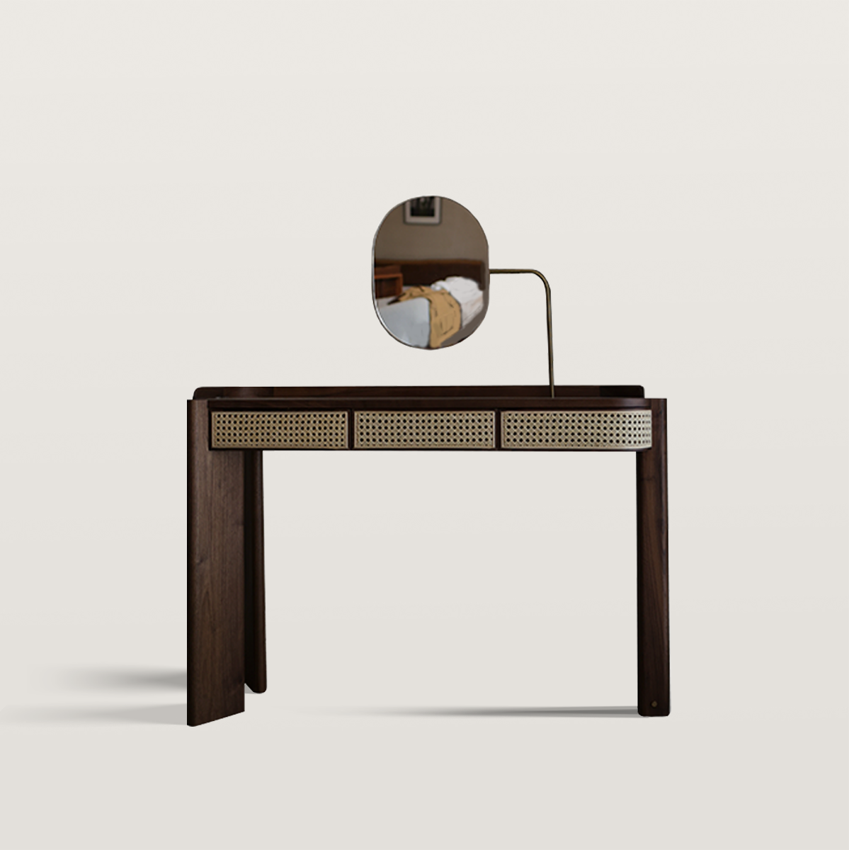 Walnut Makeup Vanity with Rattan Drawers And Mirror