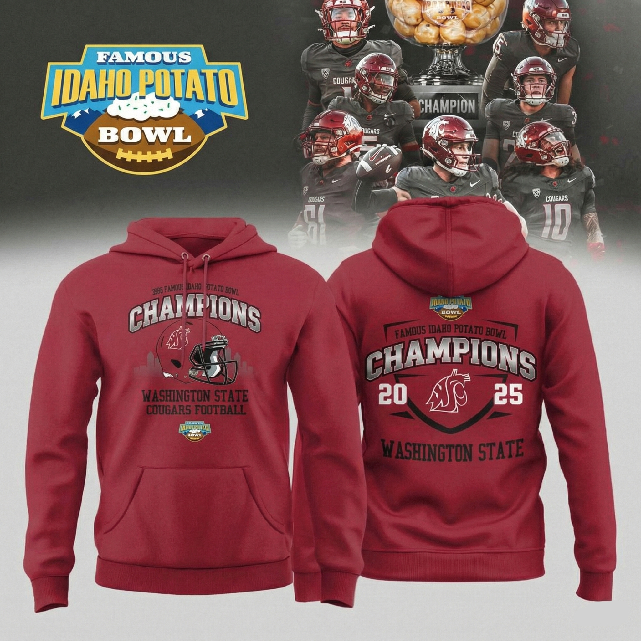 Washington State Cougars Famous Idaho Potato Bowl Champions Hoodie WSU Merch Football Fans Gifts